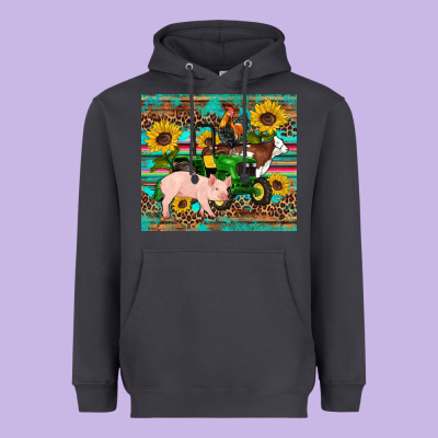 Western Farm Tractor Pig Rooster Cow Sunflowers Heavyweight Hoodie Designed By Artiststas