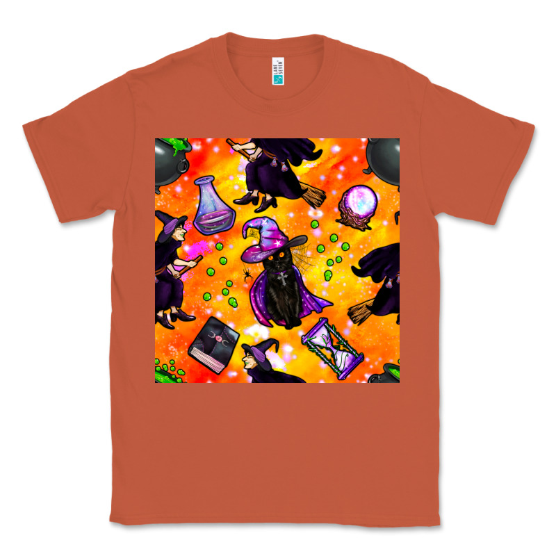 Halloween Cat And Witch Seamless Pattern Classic Tee by BundleAndBundleShop | Teevron