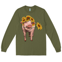 Army Green pig with sunflowers Long Sleeve Tee - RanaPortraitStore
