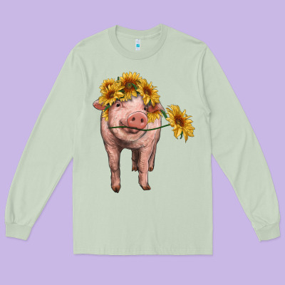 Pig With Sunflowers Long Sleeve Tee Designed By Ranaportraitstore