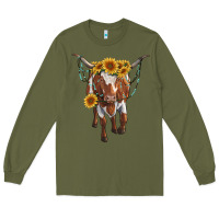 Army Green longhorn cow with sunflowers Long Sleeve Tee - RanaPortraitStore