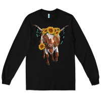 Black longhorn cow with sunflowers Long Sleeve Tee - RanaPortraitStore