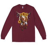 Burgundy longhorn cow with sunflowers Long Sleeve Tee - RanaPortraitStore