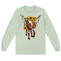 Matcha longhorn cow with sunflowers Long Sleeve Tee - RanaPortraitStore