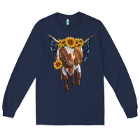Navy longhorn cow with sunflowers Long Sleeve Tee - RanaPortraitStore