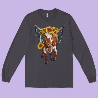Longhorn Cow With Sunflowers Long Sleeve Tee Designed By Ranaportraitstore