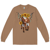Toasted Coconut longhorn cow with sunflowers Long Sleeve Tee - RanaPortraitStore