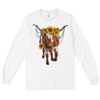 White longhorn cow with sunflowers Long Sleeve Tee - RanaPortraitStore