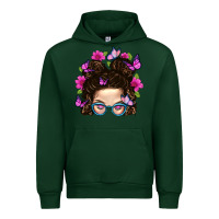 Forest Green Messy Bun Mom With Butterfly Urban Hoodie - BundleAndBundleShop