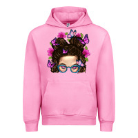 Fuchsia Pink Messy Bun Mom With Butterfly Urban Hoodie - BundleAndBundleShop