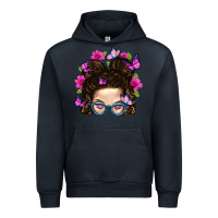 Navy Messy Bun Mom With Butterfly Urban Hoodie - BundleAndBundleShop
