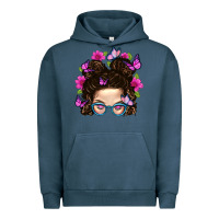 Pigment Midnight Navy Messy Bun Mom With Butterfly Urban Hoodie - BundleAndBundleShop