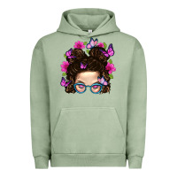 Pigment Oil Green Messy Bun Mom With Butterfly Urban Hoodie - BundleAndBundleShop