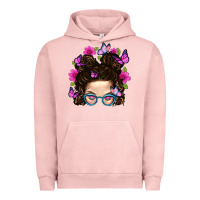 Pigment Salmon Messy Bun Mom With Butterfly Urban Hoodie - BundleAndBundleShop