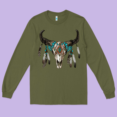 Boho Bull Skull Long Sleeve Tee Designed By Ranaportraitstore