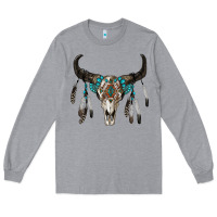 Heather Grey boho bull skull Long Sleeve Tee - RanaPortraitStore