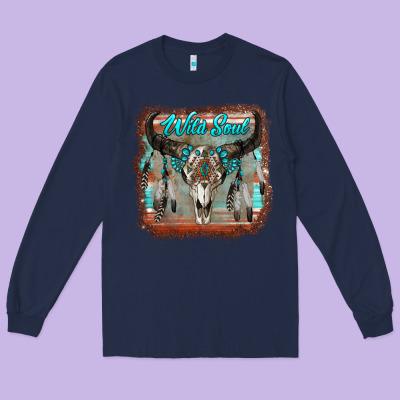 Wild Soul Boho Skull With Background Long Sleeve Tee Designed By Ranaportraitstore