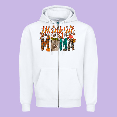 Thankful Mama Highland Cow Zipper Hoodie Designed By Racoondesign