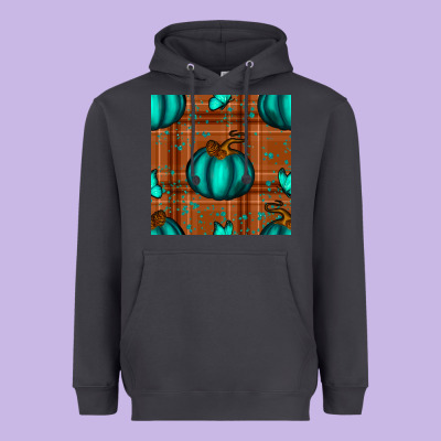 Turquoise Pumpkin Plaid Seamless Pattern Heavyweight Hoodie Designed By Bundleandbundleshop