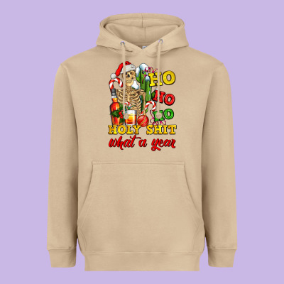 Christmas Ho Ho Ho Holy Shit What A Year Skeleton Heavyweight Hoodie Designed By Adodesignshop