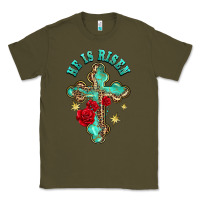 Army Green he is risen cross with roses Classic Tee - BarkalooDesign
