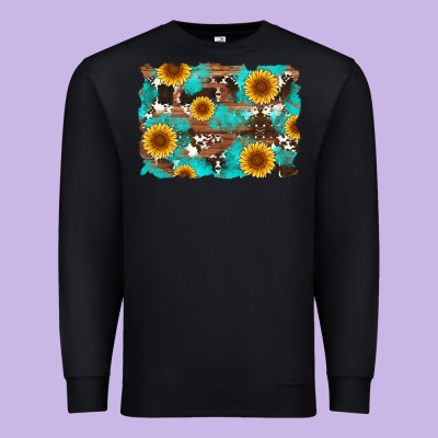 Sunflower And Cowhides With Wood And Turquoise Background Premium Sweatshirt Designed By Artiststas