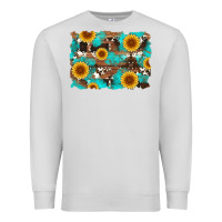 Dove Grey sunflower and cowhides with wood and turquoise background Premium Sweatshirt - Artiststas