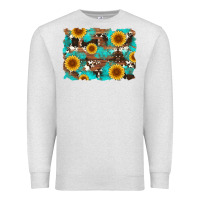 Oatmeal Heather sunflower and cowhides with wood and turquoise background Premium Sweatshirt - Artiststas