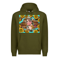 Army Green western cute cow with sunflower Premium Hoodie - NancyCooperArtShop