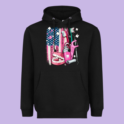 American Flag And Dental Elements With Teeth Heavyweight Hoodie Designed By Adodesignshop