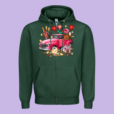Valentine's Day Truck Farm Animals Zipper Hoodie Designed By Fadigitalartstudio