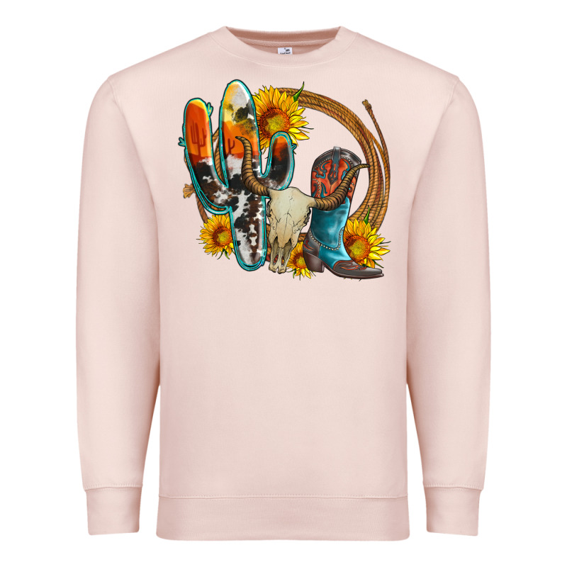Western Cactus Bullskull And Boots With Sunflowers And Serape Leopard Premium Sweatshirt by Artiststas | Teevron