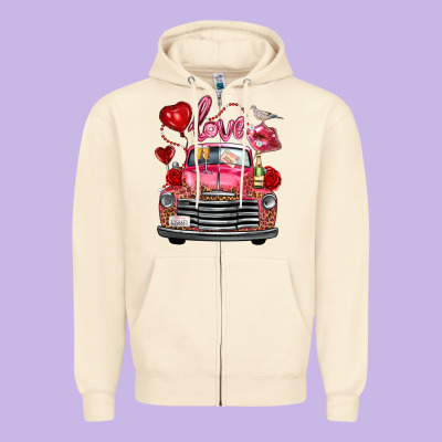 Valentine's Day Truck Love Bird Letter Zipper Hoodie Designed By Fadigitalartstudio