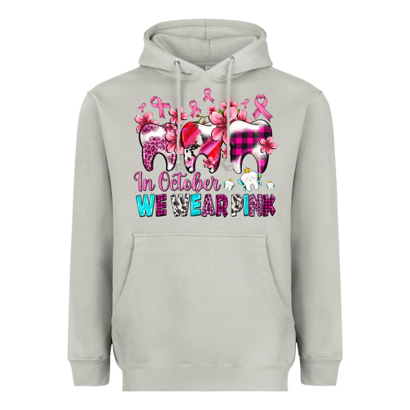 In October We Wear Pink Cancer Ribbon With Teeth Heavyweight Hoodie by AdoDesignShop | Teevron