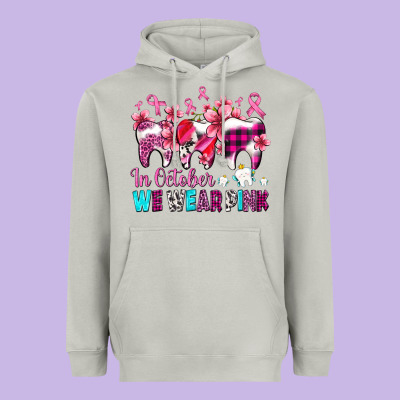 In October We Wear Pink Cancer Ribbon With Teeth Heavyweight Hoodie Designed By Adodesignshop