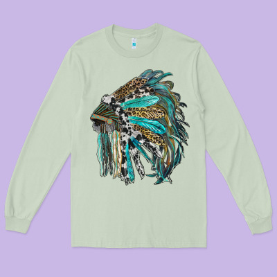 Indian Feather Headdress With Western  Patterns Long Sleeve Tee Designed By Ranaportraitstore