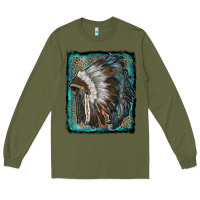 Army Green indian feather headdress with leopard background Long Sleeve Tee - RanaPortraitStore