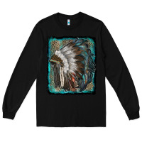 Black indian feather headdress with leopard background Long Sleeve Tee - RanaPortraitStore