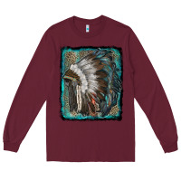 Burgundy indian feather headdress with leopard background Long Sleeve Tee - RanaPortraitStore