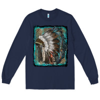 Navy indian feather headdress with leopard background Long Sleeve Tee - RanaPortraitStore