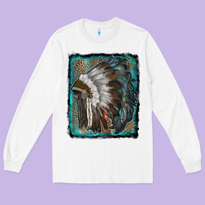Indian Feather Headdress With Leopard Background Long Sleeve Tee Designed By Ranaportraitstore