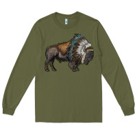 Army Green bison with indian headdress Long Sleeve Tee - RanaPortraitStore
