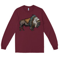 Burgundy bison with indian headdress Long Sleeve Tee - RanaPortraitStore