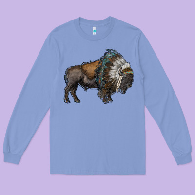 Bison With Indian Headdress Long Sleeve Tee Designed By Ranaportraitstore