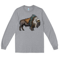 Heather Grey bison with indian headdress Long Sleeve Tee - RanaPortraitStore