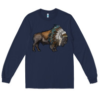 Navy bison with indian headdress Long Sleeve Tee - RanaPortraitStore