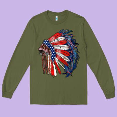 American Flag Indian Headdress Long Sleeve Tee Designed By Ranaportraitstore