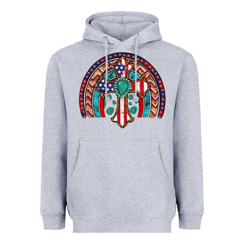 Gemstone Cross American Flag Turquoise Rainbow Heavyweight Hoodie by Artiststas | Teevron