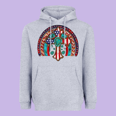 Gemstone Cross American Flag Turquoise Rainbow Heavyweight Hoodie Designed By Artiststas