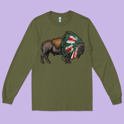 Mexican Bison With Indian Headdress Long Sleeve Tee Designed By Ranaportraitstore